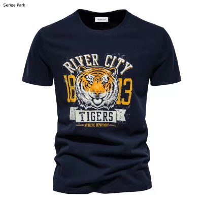 Mens T Shirt Cotton Material Leisure Style With Tiger Print For Man Solide Color