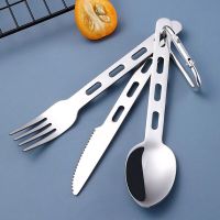 Stainless Steel Portable Dinnerware Set With Carabiner Outdoor Lightweight Tableware Camping Travel Knife Fork Spoon Cutlery Set Flatware Sets