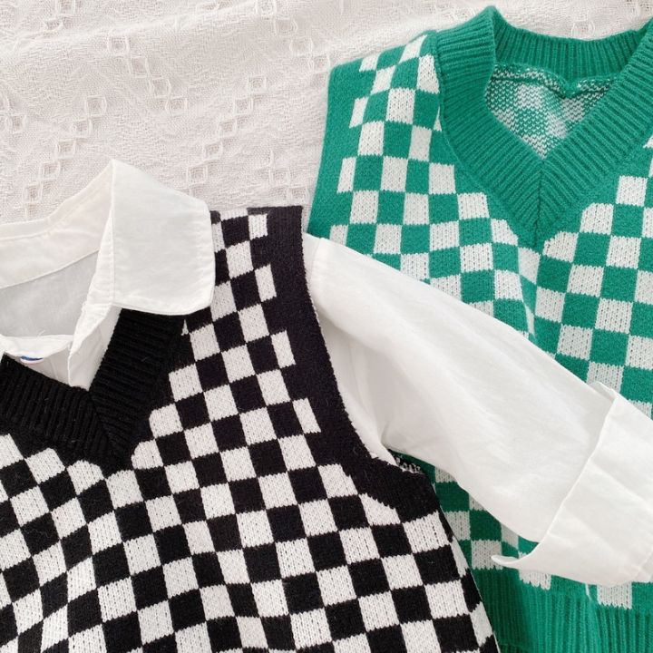 good-baby-store-2022-korean-spring-baby-girl-boy-vest-knitting-v-neck-sleeveless-black-green-chessboard-waistcoat-sweater-wool-clothes-e391