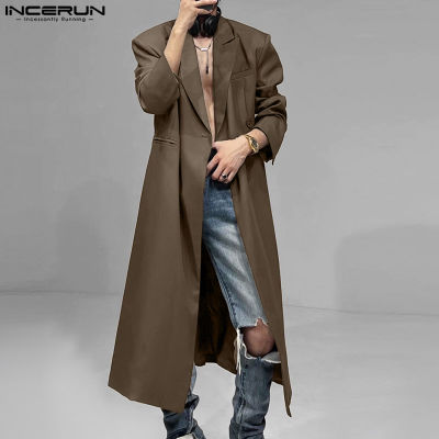 INCERUN เสื้อแจ็คเก็ตตัวยาวสำหรับแขนยาวสำหรับผู้ชาย,เสื้อคลุมตัวนอกลำลองเสื้อโอเวอร์โค้ท