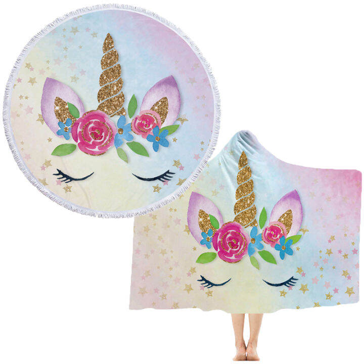 soft-microfiber-beach-towel-unicorn-printing-summer-hooded-beach-towel-swimming-bath-towel-adults-children-round-yoga-blanket