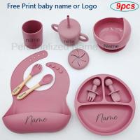 9Pcs Baby Silicone Feeding Sets Suction Cup Bowl Dishes Kids Spoon Fork Feeding Snack Cup Personalized Name Babys Tableware Bowl Fork Spoon Sets