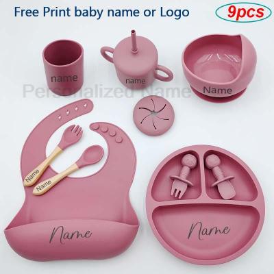 9Pcs Baby Silicone Feeding Sets Suction Cup Bowl Dishes Kids Spoon Fork Feeding Snack Cup Personalized Name Babys Tableware