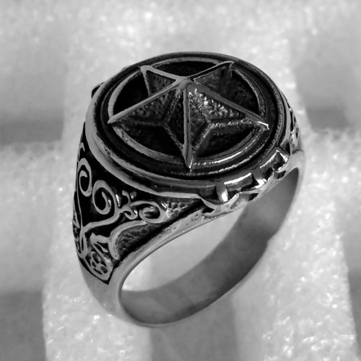 บุคลิกภาพ-punk-titanium-steel-ring-mens-trend-pentagram-ring-แหวนหิน-868s