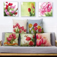 Beautiful Tulip Flower Floral Print Pillow Cover 45*45cm Square Cushion Covers Linen Pillow Case Sofa Home Decor Pillows Cases Cushion Cover