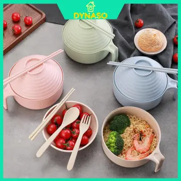 1Set Cute Noodles Bowl with Lid Handle Dinnerware Wheat Straw