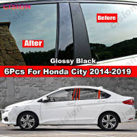 6X เสาประตูหน้าต่างรถ BC ฝาครอบเสาตัดแต่งสำหรับ Honda City 2014-2019คาร์บอนแบบเงางามไฟเบอร์กระจกสีดำสติกเกอร์พีซี