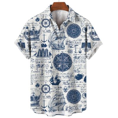 เสื้อฤดูร้อนแฟชั่นแขนสั้นสำหรับผู้ชาย,2 2023เข็มทิศเดินเรือเสื้อแนวสตรีทสไตล์วินเทจสำหรับเสื้อฮาวาย