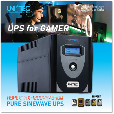 UPS 1200VA/840W PURE SINEWAVE HYPERMAX รูปคลื่นเพียวซายน์เวฟ ใช้ได้กับคอมทุกชนิด/คอมประกอบ/PSU80+/Graphic/iMac/PS5 เครื่องใหม่ ประกัน2ปี Onsite Service