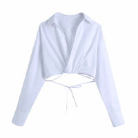 2021 Women Fashion Cross V Neck Hem Bow Tied White Casual Short Smock Blouse Long Sleeve Kimono Shirts Chic Blusas Tops BHN0357