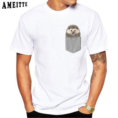 AMEITTE New Summer Men Short Sleeve Funny Hedgehog And Pocket Print T Shirt Vintage Fashion Man Casual White Tops Boy Tees XS-6XL