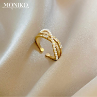 MONIKO ชุบทอง 18K แหวนมุกแหวนสองชั้นประดับไข่มุกและเพทาย เครื่องประดับหรูหรา แหวนแฟชั่นสำหรับผู้หญิง