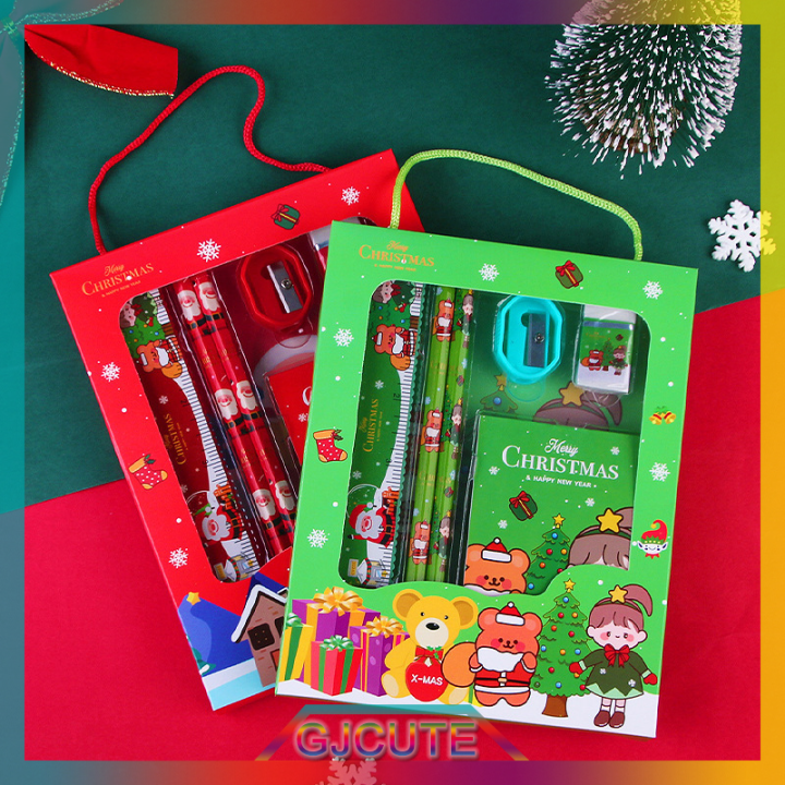 gjcute-6pcs-christmas-stationery-set-ดินสอเหลายางลบไม้บรรทัดชุดของขวัญสำหรับเด็ก-school-office-writing-supplies