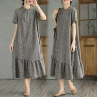 2023 chinese improved cheongsam dress retro plaid buckle cotton linen dress  womens summer loose large casual long daily dress Haberdashery