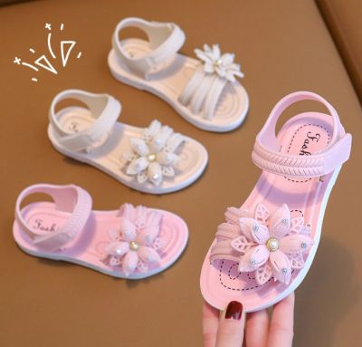 Summer Childrens Girls Pearl Rhinestone Sandals Flower Fashion Breathable Non-Slip Sandals Beach Soft Kids Open Toe Sandals
