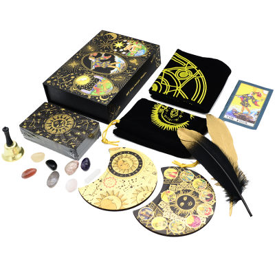 Deluxe Feather Black Gold Sun Gift Set ฟอยล์สีทอง Tarot 12*7Cm Stamping PVC Waterproof Wear Resistant Board Game Card