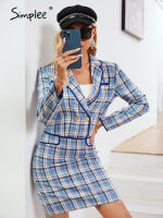 Simplee Plaid v-neck vintage long sleeve blazer skirt set women Office lapel slim suits blue Casual shoulder pad dress suit 2021