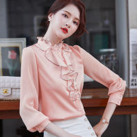 Navy Blue Ruffles Shirt Design 2021 New Autumn High End Long Sleeve Acetic Satin Formal Blouses Office Ladies Work Tops Pink