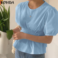 VONDA เสื้อเบลาส์คอกลมแขนสั้นมีจีบทรงหลวมลำลองของผู้หญิง (ลำลองเกาหลี) [ลดล้างสต๊อก]