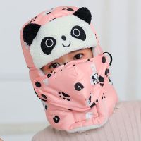 Animal panda Sharp Bomber Hats for Girl Boy Winter Hats Cap with Scarf Neck Masks Cotton Snow Cap Earflaps Russian Hat Mask Warm