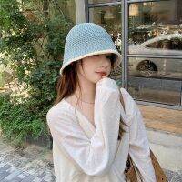 ins Japanese Style White Blue Knitted Bucket Hat Female Spring Summer Sunshade Sunscreen Breathable Showing Face Small Trendy