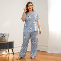 DOIB Women Large Size Pajamas Set Blue Panda Shirt+Trousers Homewear Set Plus Size Two Pieces Nightwear Loose Sleepwear