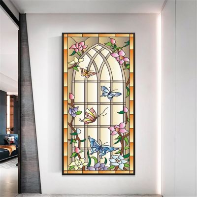 Privacy Windows Film Orchid Butterfly Stained Glass Window Stickers No Glue Static Cling Decorative Frosted Window Films