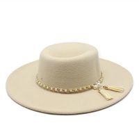 Summer Simple Dome Solid Color Wool Felt Jazz Fedora Hats With Pearl Chain Men Women Wide Brim Panama Trilby Cap Autumn Winter