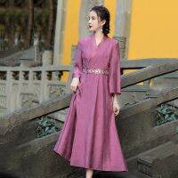 【HOT】✥▽ Womens Clothing 2022 New Chinese V-Neck Trumpet Sleeve Embroidery Design Hanfu S-XXL