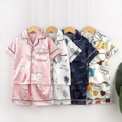 Summer Girls Boys Satin Pajamas Silk Satin Tops Pants Design Cartoon Sleepwear Set Clothes For Teens Kids Childrens Day Gift