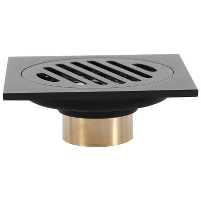 4 Inch Square Shower Drain with Removable Cover Grate, Brass Anti Clogging and Odor Point Floor Drain Assembly with Hair Catcher Strainer, Matte Black