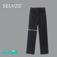 SELVZE กางเกงสตรีเอวยางยืดเอวสูงสำหรับผู้หญิงผ้าเดนิมพิมพ์ลายโมโนแกรมสีดำสุดเท่