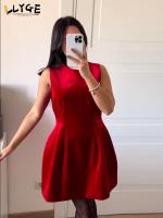 Gaun Pesta Kerah O Tanpa Lengan Elegan Wanita Gaun A-Line Merah Beludru Musim Musim กึ่ง2023 Gaun Pesta Wanita Klub Vestidos