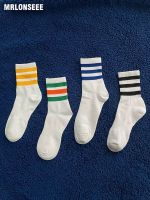 4 pairs of mens mid-tube socks trendy ins street students pure cotton spring and autumn college style boys three-bar basketball sports socks