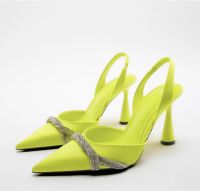 The spring of 2023 za new baotou hollow lime green light leather womens shoes with high heels sandals muller