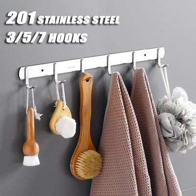 【YF】 Row of Hooks Stainless Steel Storage Clothes Hat Behind Door Hanging Bathroom Kitchen Wall Mounted