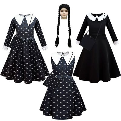 Fashion Kids Movie Wednesday Addams Cosplay Princess Dress And Wig Bag Set Girl Halloween Costume Carnival Gothic Black Clothes