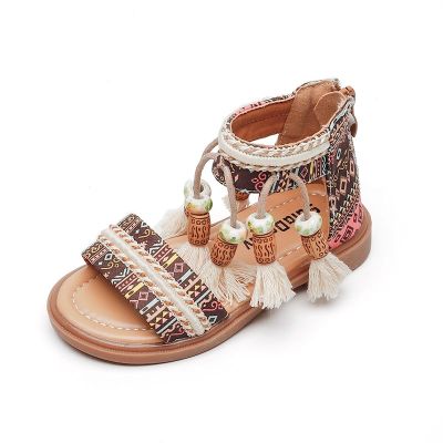 Girls Sandals Ethnic Retro Children Fashion Casual Shoes Tassels 2023 Back Zipper Summer New Sandals Kids Pattern GLADIATOR Cute