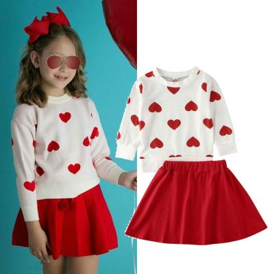 1-6Y Toddler Baby Girls Valentines Day Clothes Sets Long Sleeve Pullover Print Tops T-Shirt Skirt Outfits