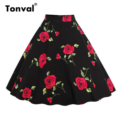 Tonval Floral Vintage Plus Size Swing Skirt Retro Flowers Print Midi Skirts Womens High Waist Cotton A Line Skirt