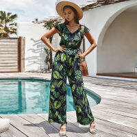 Spring Autumn WomenS Loose Sashes Overalls Butterfly V-Neck Short-Sleeve Printing Casual High Waist Wide Leg Jumpsuit