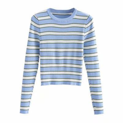 Hot Sale  women spring autumn Jersey casual round collar sweater stripe knitting Lady short Jumper long-sleeved Knitwear top