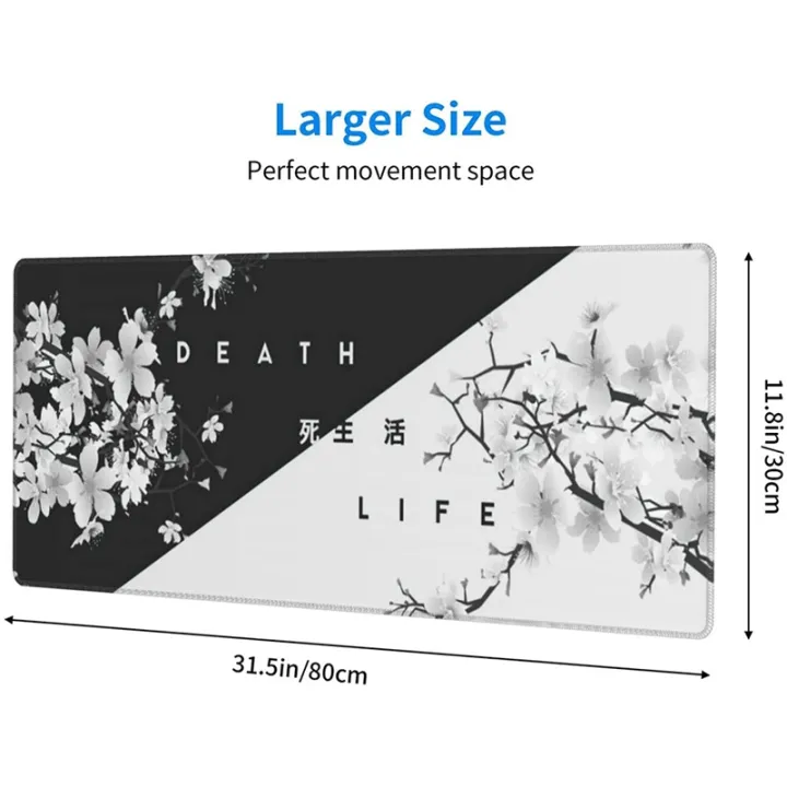 black-and-white-cherry-blossom-gaming-mouse-pad-large-mouse-mat-desk-pad-stitched-edges-mousepad-31-5-x-11-8-inch