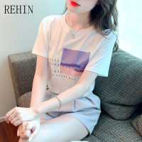 REHIN เสื้อยืดแขนสั้นสำหรับผู้หญิง,เสื้อยืดคอกลมพิมพ์ลายตัวอักษรคอกลมสำหรับสไตล์เกาหลีแบบใหม่แฟชั่นฤดูร้อน
