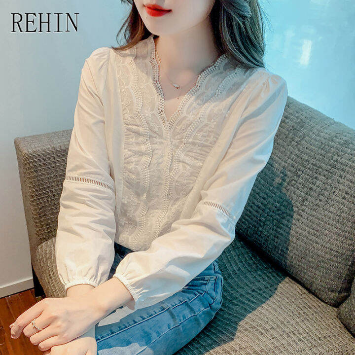 rehin-ของผู้หญิงด้านบนลูกไม้คอคอวีเสื้อแขนยาวฤดูใบไม้ร่วงแฟชั่นหลวมผอมน้ำเสื้อสง่างาม