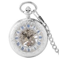 Silver Mechanical Hand Wind Antique Pocket Watch Exquisite Blue Roman Numerals Display Skeleton Pendant Clock Gifts Elder