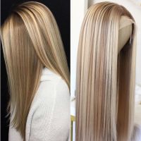 【jw】□⊕ Blonde Front Wig Ombre Synthetic Hair Middle Part Straight 22 inch