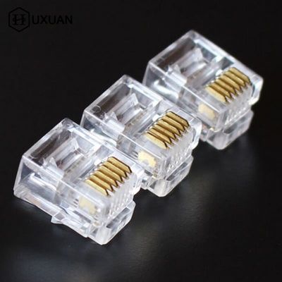 100Pcs 6P6C Crystal Head RJ12 Modular Plug Gold Plated Network Connector For Solid Phone Cables Connectors