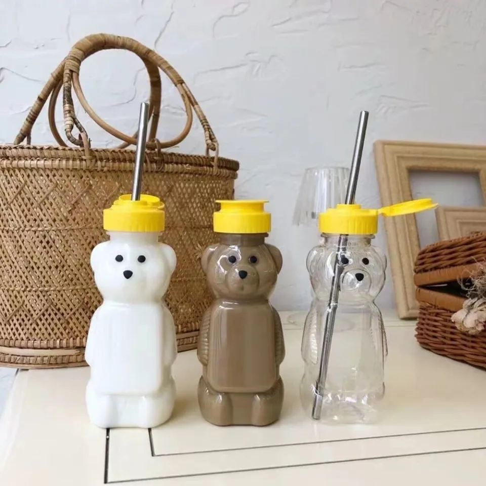 5Pcs Transparent Bottles with Lids Cute Bear Shape Drink