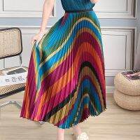 Miyake fold bust skirt to show thin summer new fashion since the waist long pleated in rainbow stripe